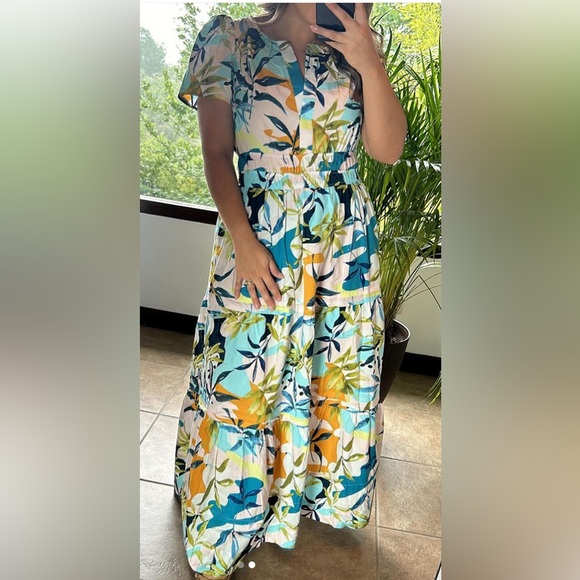 CYNTHIA ROWLEY 100% Cotton Popover V-Neck Tiered Floral Maxi Dress Size 1X NWT💫 - Picture 2 of 15